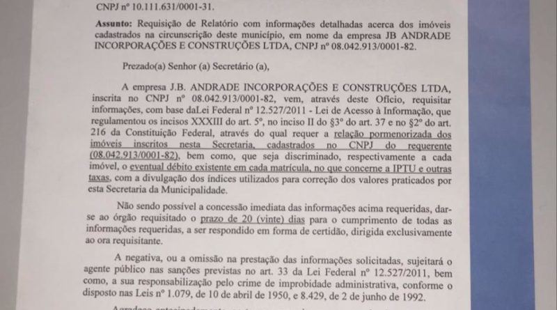 Barbosa solicita a prefeitura detalhes do debito e não obtêm resposta